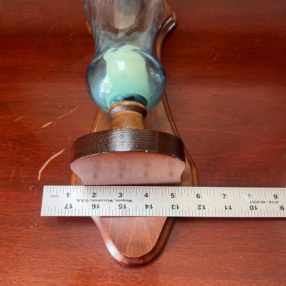Vtg Wooden heart Wall Sconce Blue Glass Hurricane Shade Farmhouse Candle Holder